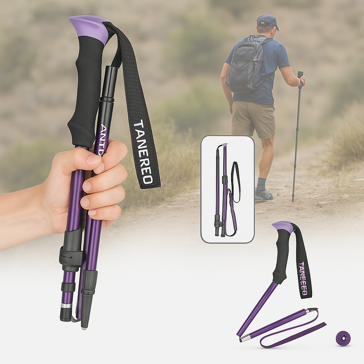 Lightweight foldable aluminium hiking poles with ergonomic EVA foam grips, ideal for trekking on various terrains.