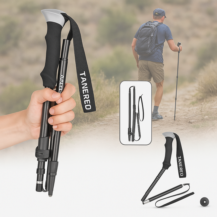 Lightweight foldable aluminium hiking poles with ergonomic EVA foam grips, ideal for trekking on various terrains.