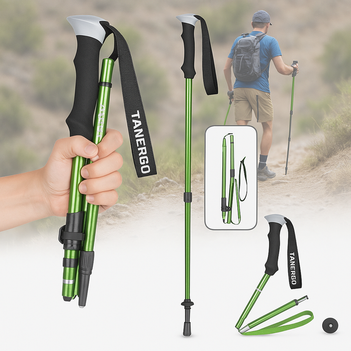 Lightweight foldable aluminium hiking poles with ergonomic EVA foam grips, ideal for trekking on various terrains.