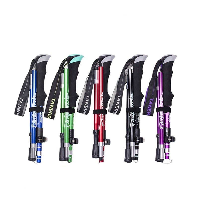 Lightweight foldable aluminium hiking poles with ergonomic EVA foam grips, ideal for trekking on various terrains.