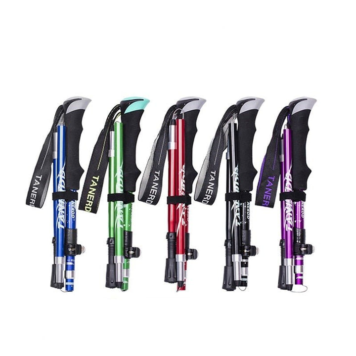 Lightweight foldable aluminium hiking poles with ergonomic EVA foam grips, ideal for trekking on various terrains.