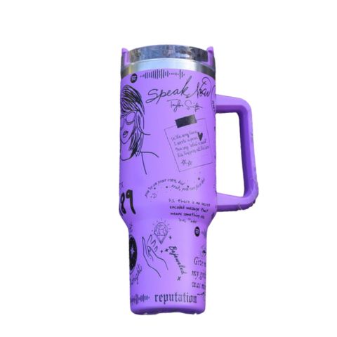 "Limited edition stainless steel tumbler with custom design, handwritten lyrics, vibrant colors, and ergonomic handle."