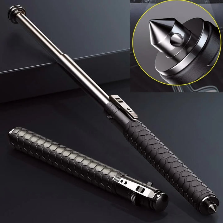 "Men's automatic self-defense walking stick, lightweight alloy, compact design, anti-slip grip, outdoor and urban use"