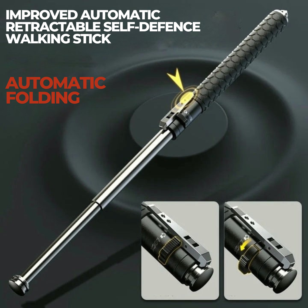 "Men's automatic self-defense walking stick, lightweight alloy, compact design, anti-slip grip, outdoor and urban use"