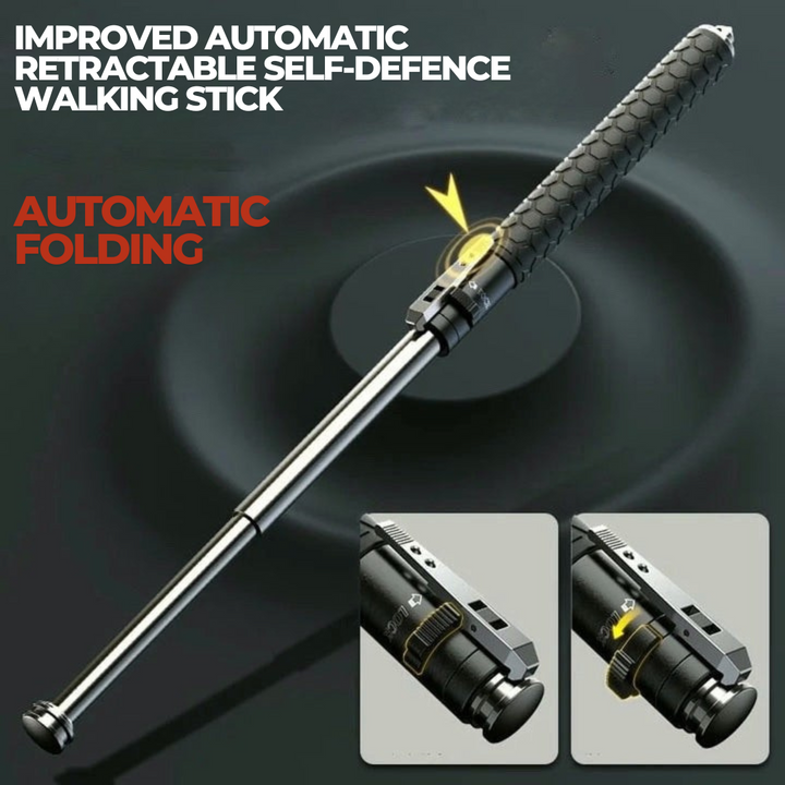 "Men's automatic self-defense walking stick, lightweight alloy, compact design, anti-slip grip, outdoor and urban use"