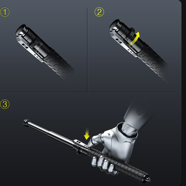 "Men's automatic self-defense walking stick, lightweight alloy, compact design, anti-slip grip, outdoor and urban use"