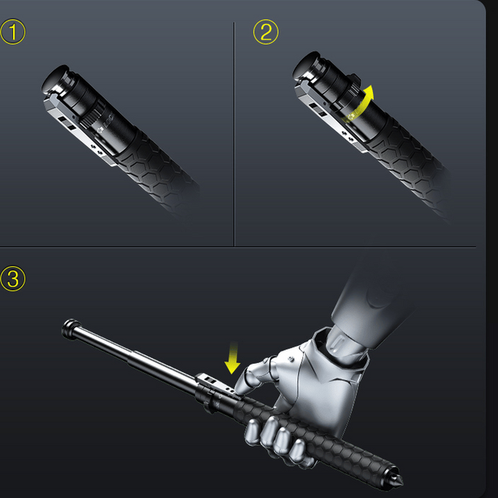 "Men's automatic self-defense walking stick, lightweight alloy, compact design, anti-slip grip, outdoor and urban use"