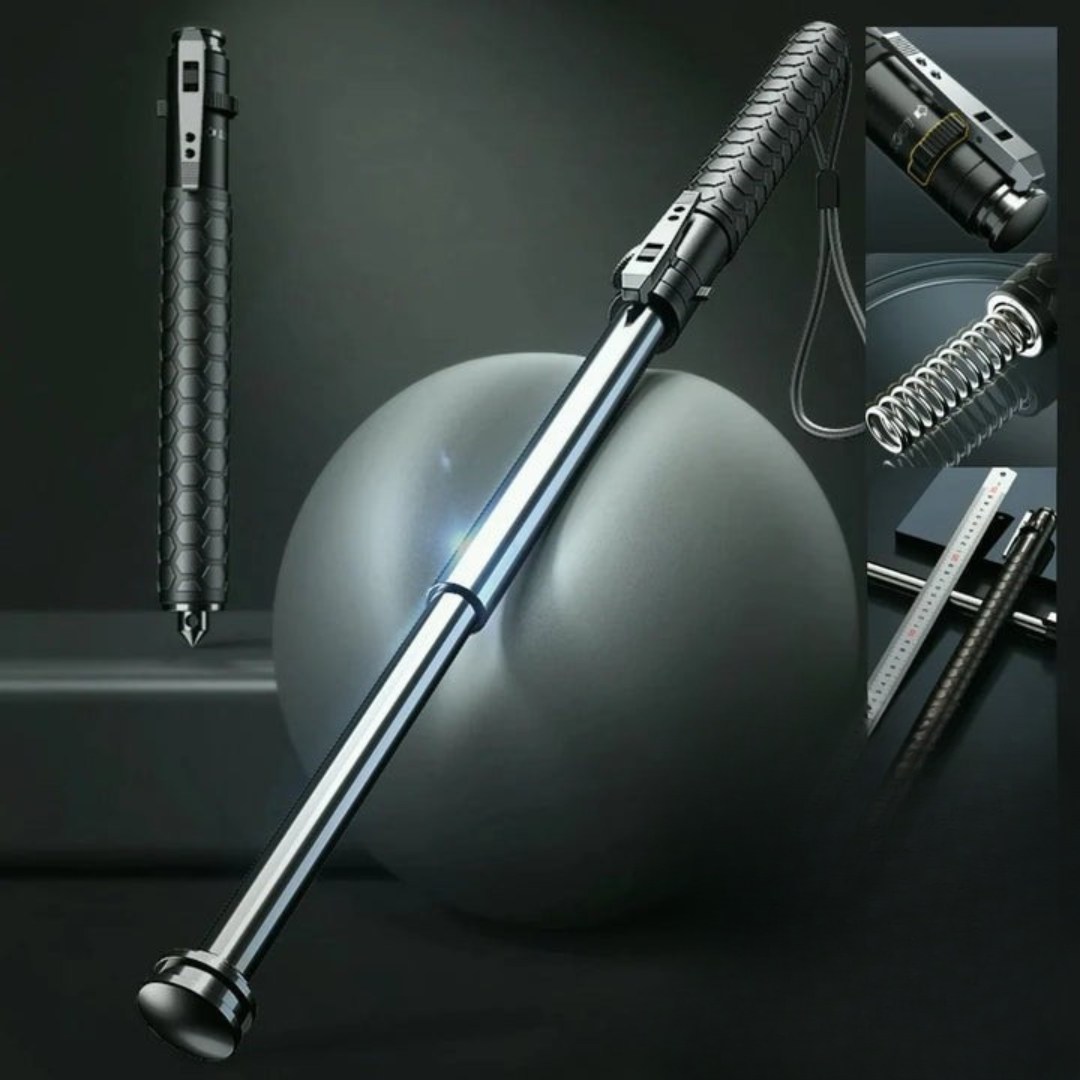 "Men's automatic self-defense walking stick, lightweight alloy, compact design, anti-slip grip, outdoor and urban use"