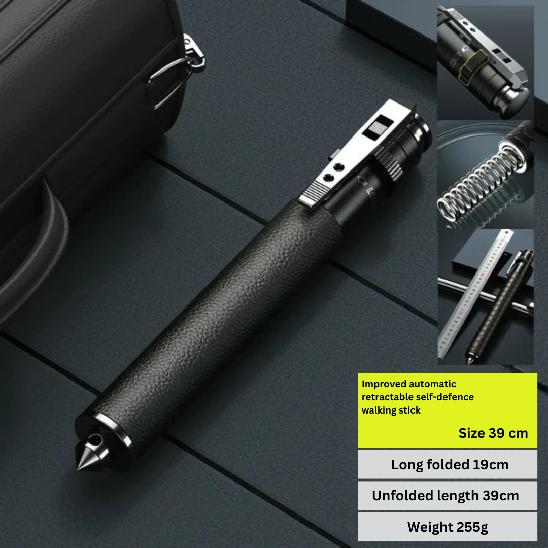 "Men's automatic self-defense walking stick, lightweight alloy, compact design, anti-slip grip, outdoor and urban use"