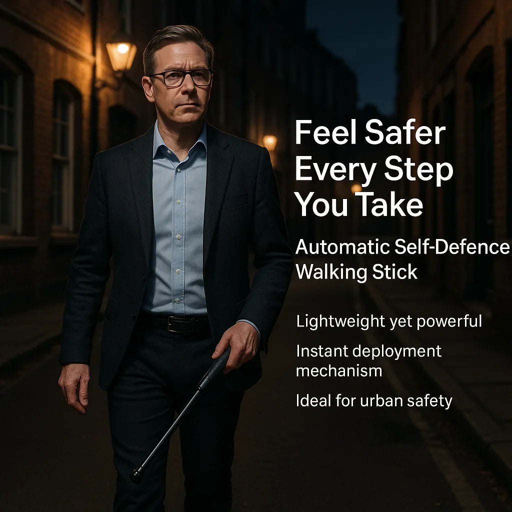 "Men's automatic self-defense walking stick, lightweight alloy, compact design, anti-slip grip, outdoor and urban use"