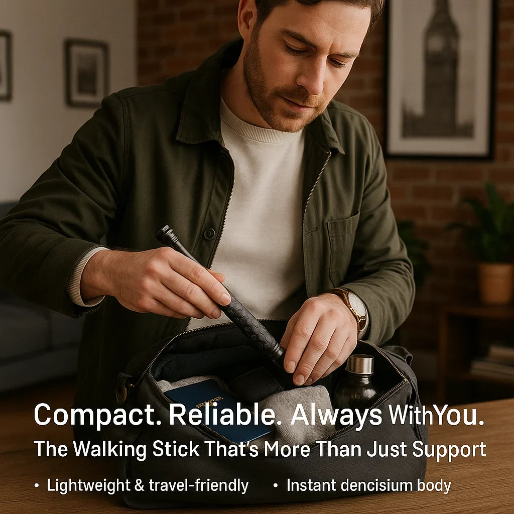 "Men's automatic self-defense walking stick, lightweight alloy, compact design, anti-slip grip, outdoor and urban use"