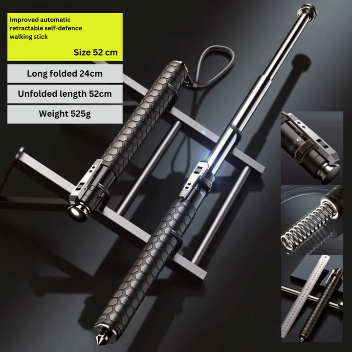 "Men's automatic self-defense walking stick, lightweight alloy, compact design, anti-slip grip, outdoor and urban use"