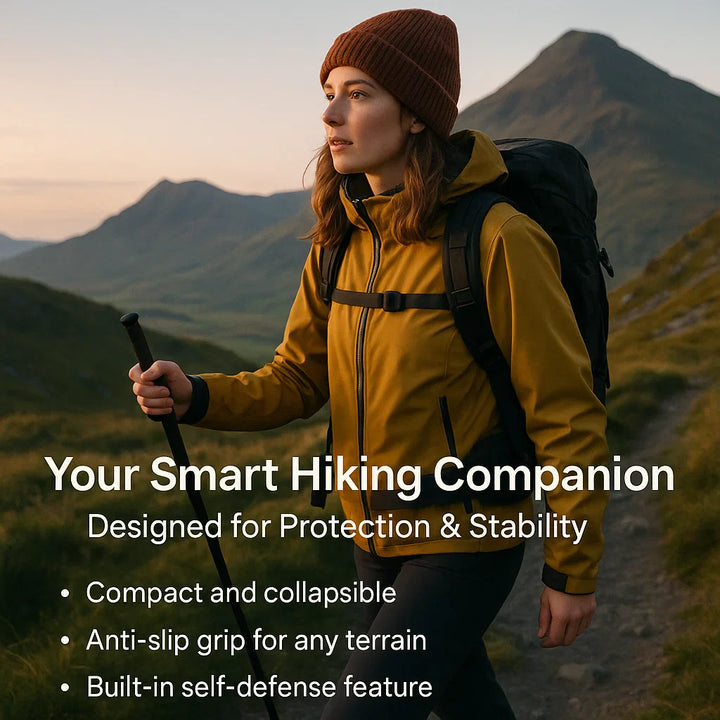 "Men's automatic self-defense walking stick, lightweight alloy, compact design, anti-slip grip, outdoor and urban use"