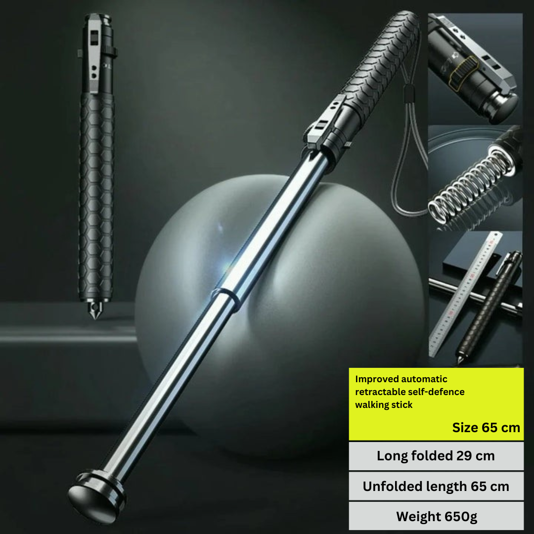 "Men's automatic self-defense walking stick, lightweight alloy, compact design, anti-slip grip, outdoor and urban use"