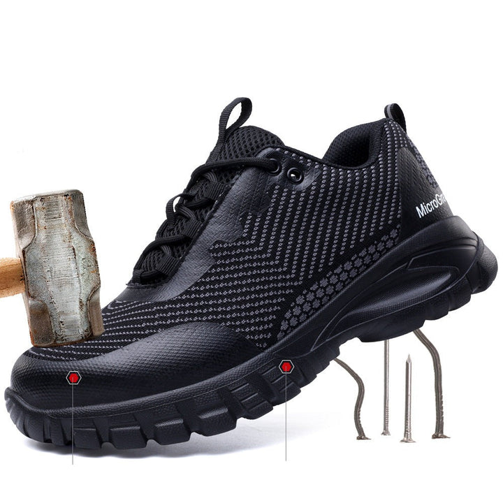 "Men's black waterproof safety shoes with steel toe, lightweight design, slip-resistant sole, ideal for workplace safety."