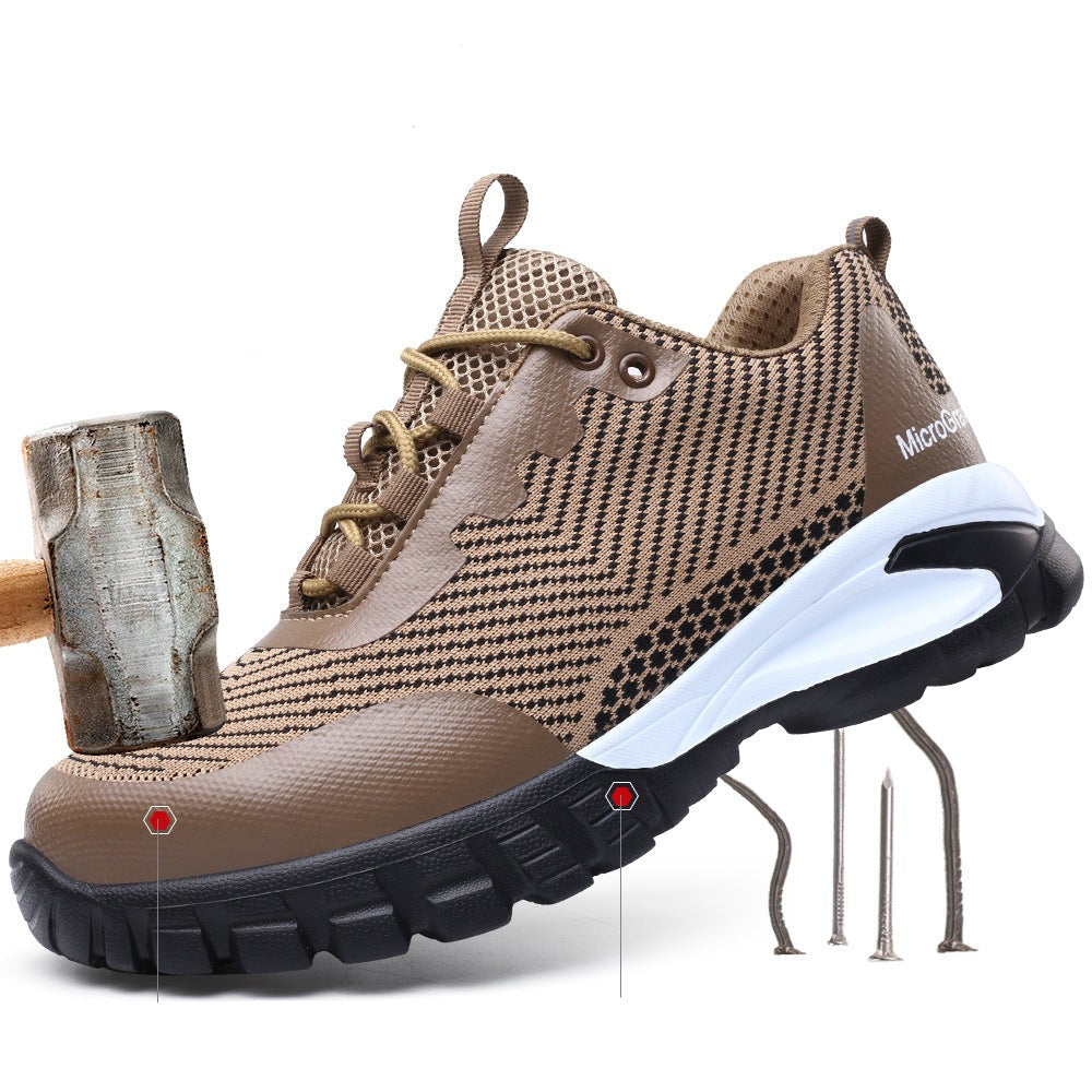 "Men's black waterproof safety shoes with steel toe, lightweight design, slip-resistant sole, ideal for workplace safety."