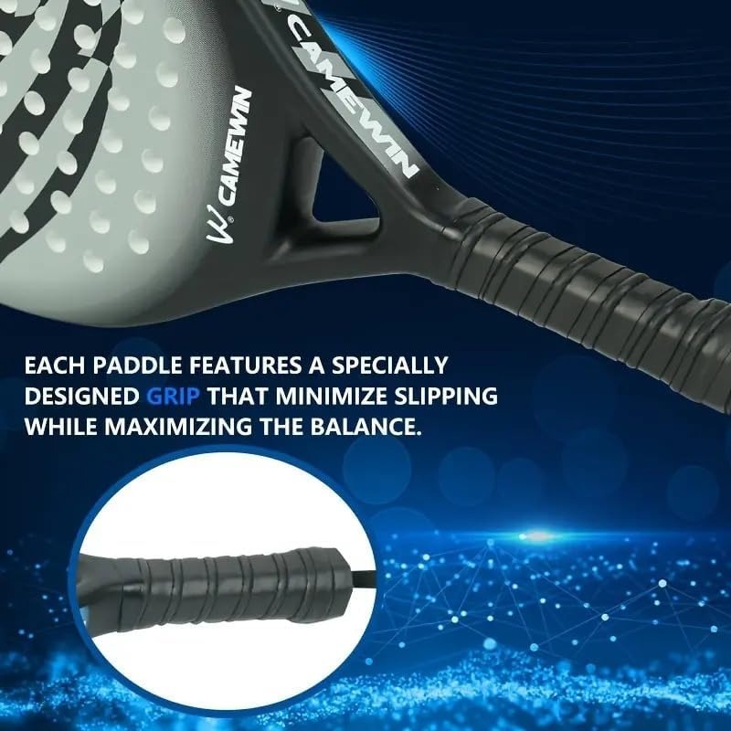"Men’s carbon fibre paddle tennis racket, sleek design, ergonomic grip, lightweight for power and control on the court."
