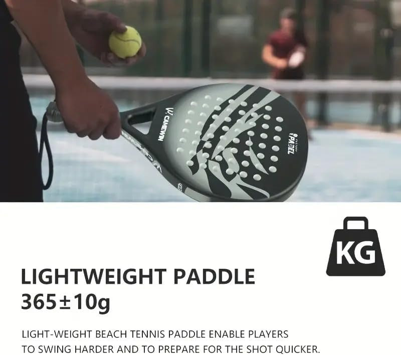 "Men’s carbon fibre paddle tennis racket, sleek design, ergonomic grip, lightweight for power and control on the court."