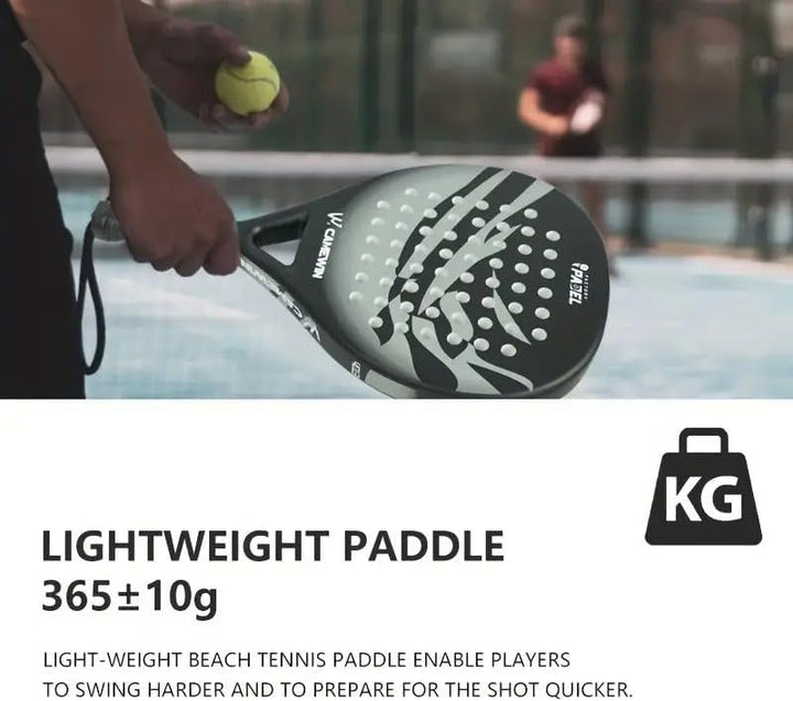 "Men’s carbon fibre paddle tennis racket, sleek design, ergonomic grip, lightweight for power and control on the court."