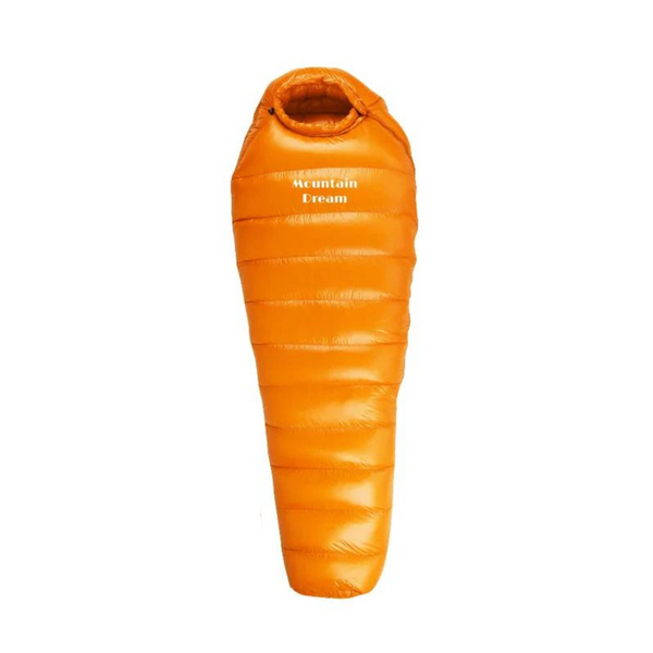 "Men's down insulated winter sleeping bag, blue, outdoors, showing full-length design and durable ripstop shell on snow."