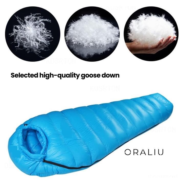 "Men's down insulated winter sleeping bag, blue, outdoors, showing full-length design and durable ripstop shell on snow."