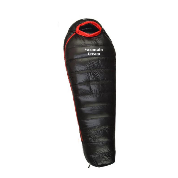 "Men's down insulated winter sleeping bag, blue, outdoors, showing full-length design and durable ripstop shell on snow."