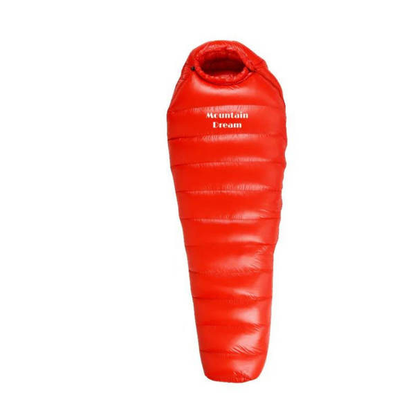 "Men's down insulated winter sleeping bag, blue, outdoors, showing full-length design and durable ripstop shell on snow."