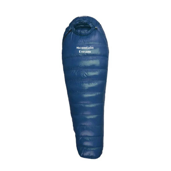 "Men's down insulated winter sleeping bag, blue, outdoors, showing full-length design and durable ripstop shell on snow."