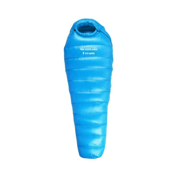 "Men's down insulated winter sleeping bag, blue, outdoors, showing full-length design and durable ripstop shell on snow."