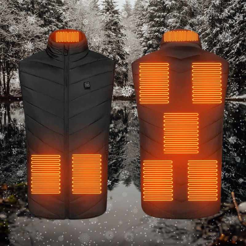 Men's lightweight heated gilet body warmer showcasing sleek design, water-resistant fabric, and instant heating technology.