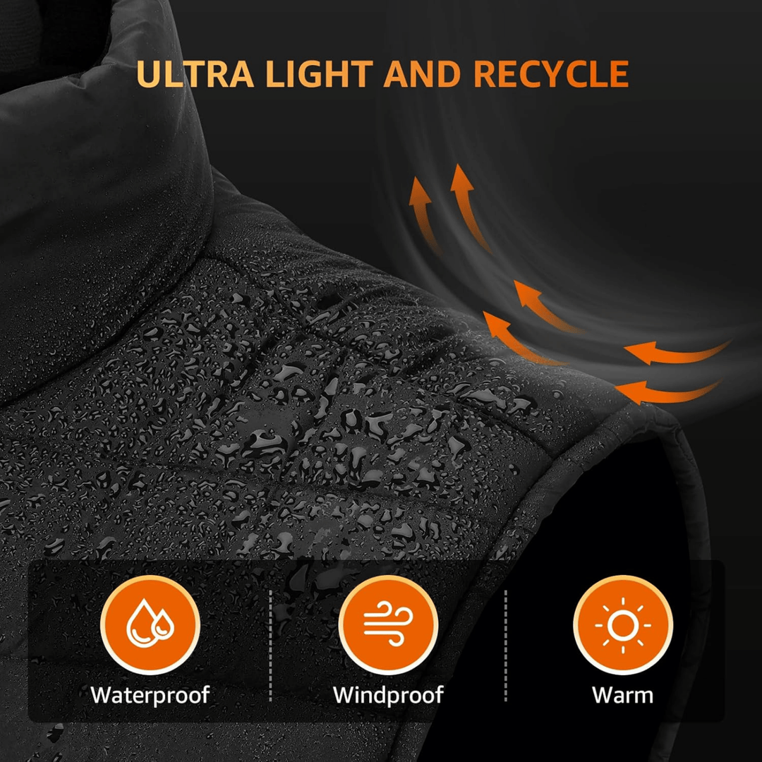 Men's lightweight heated gilet body warmer showcasing sleek design, water-resistant fabric, and instant heating technology.