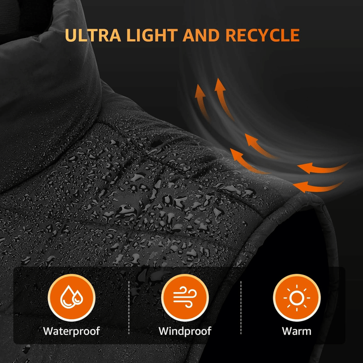 Men's lightweight heated gilet body warmer showcasing sleek design, water-resistant fabric, and instant heating technology.