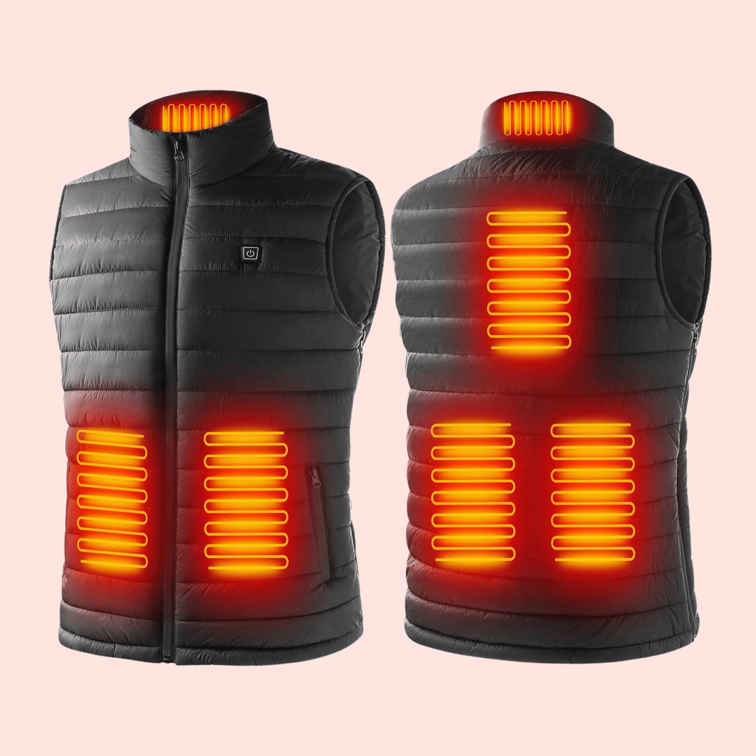 Men's lightweight heated gilet body warmer showcasing sleek design, water-resistant fabric, and instant heating technology.