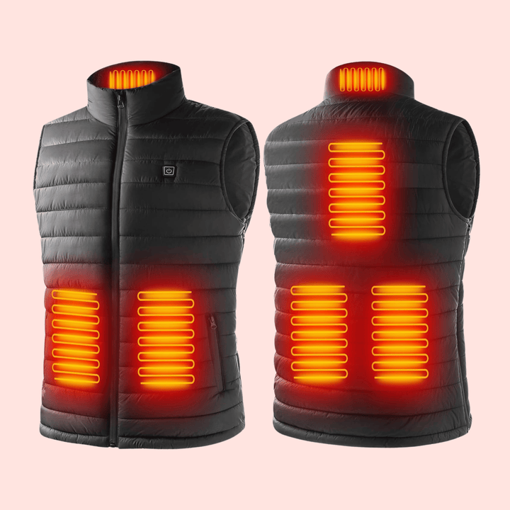 Men's lightweight heated gilet body warmer showcasing sleek design, water-resistant fabric, and instant heating technology.