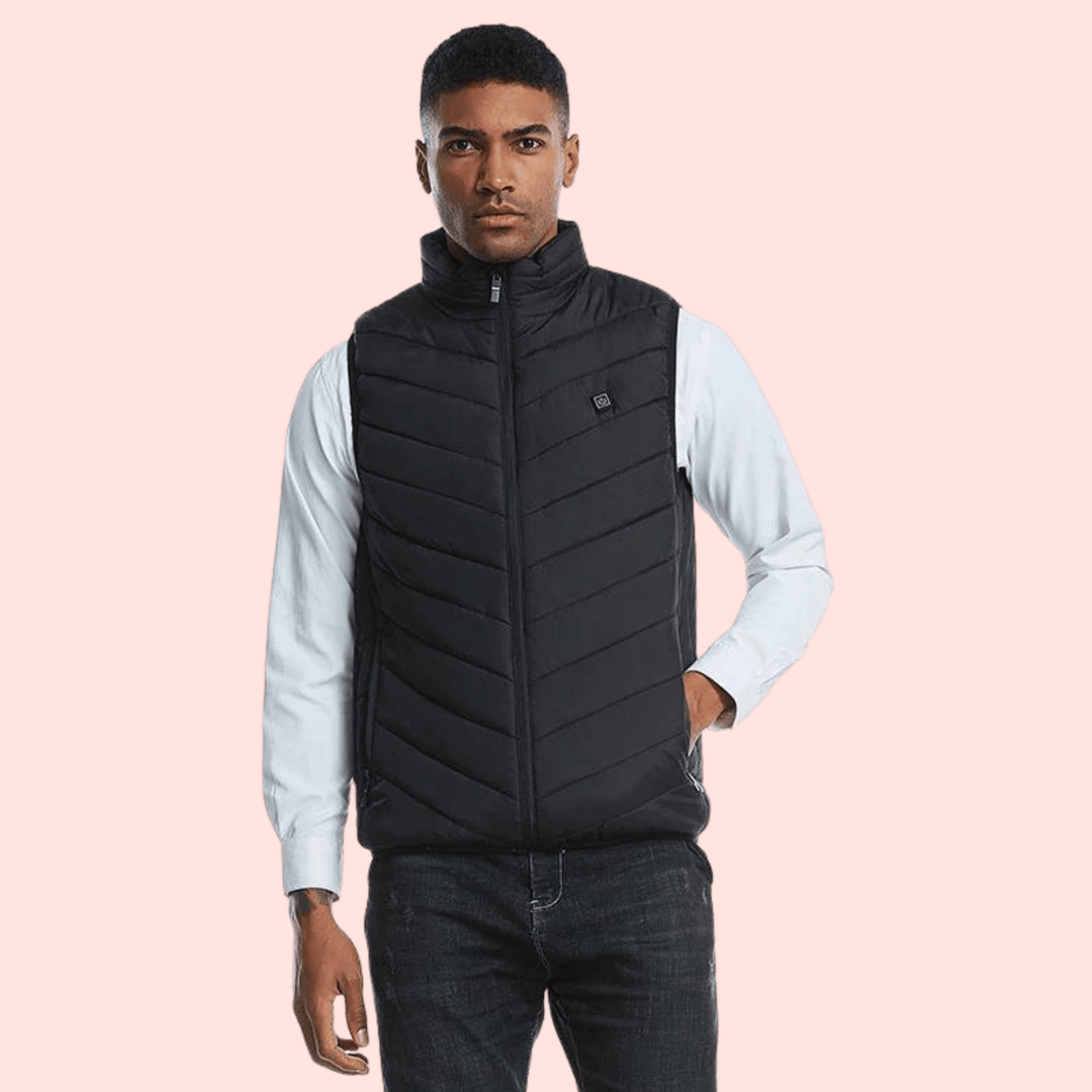 Men's lightweight heated gilet body warmer showcasing sleek design, water-resistant fabric, and instant heating technology.
