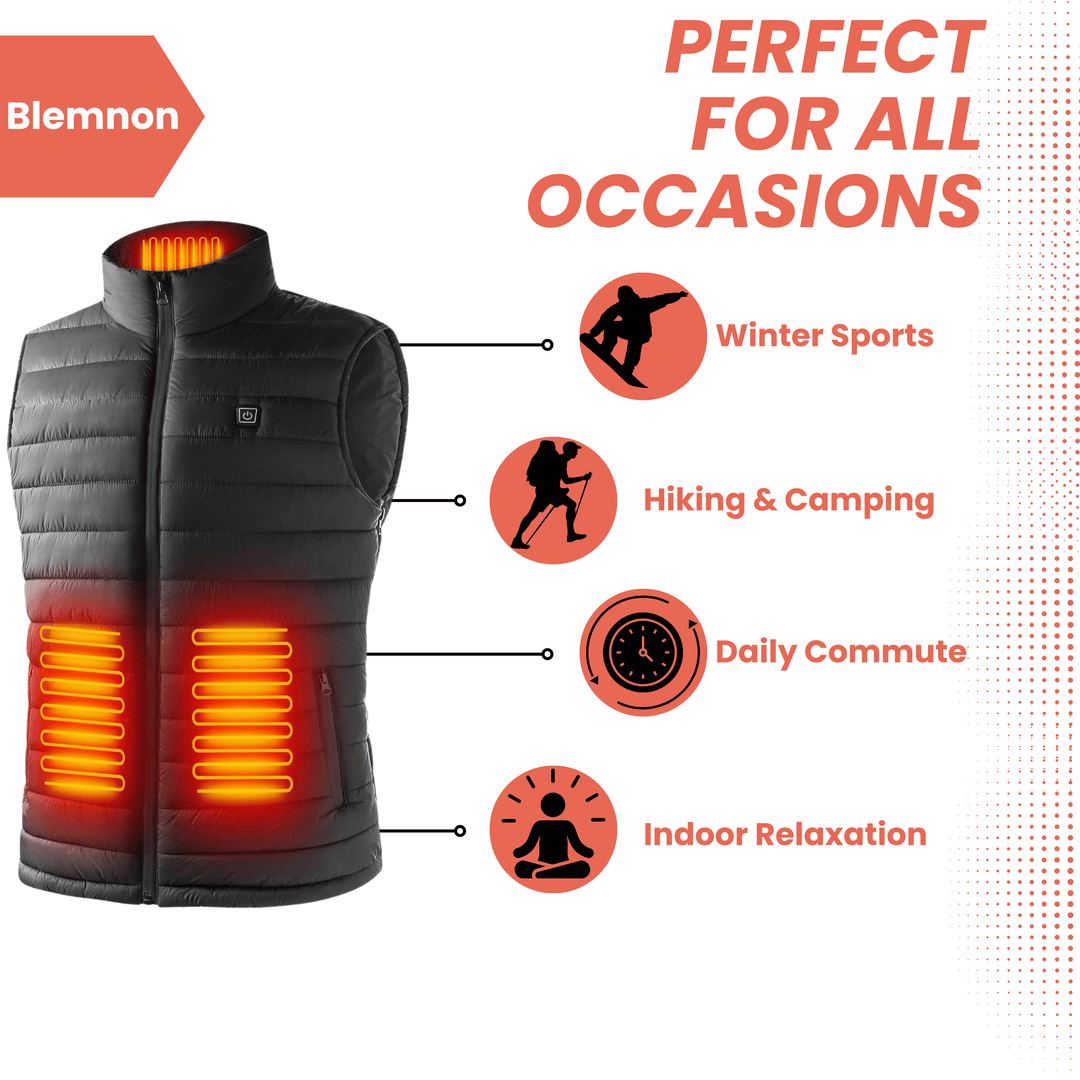 Men's lightweight heated gilet body warmer showcasing sleek design, water-resistant fabric, and instant heating technology.