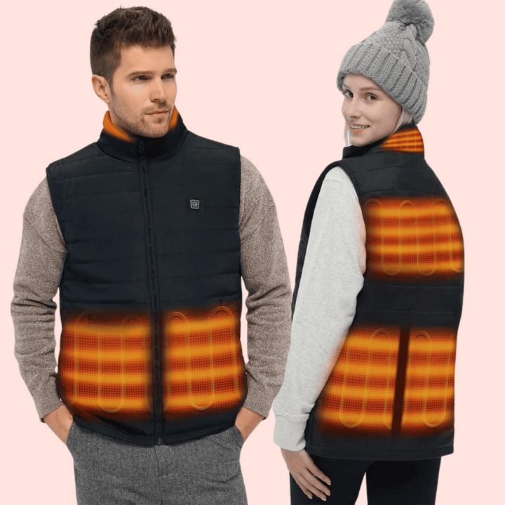 Men's lightweight heated gilet body warmer showcasing sleek design, water-resistant fabric, and instant heating technology.
