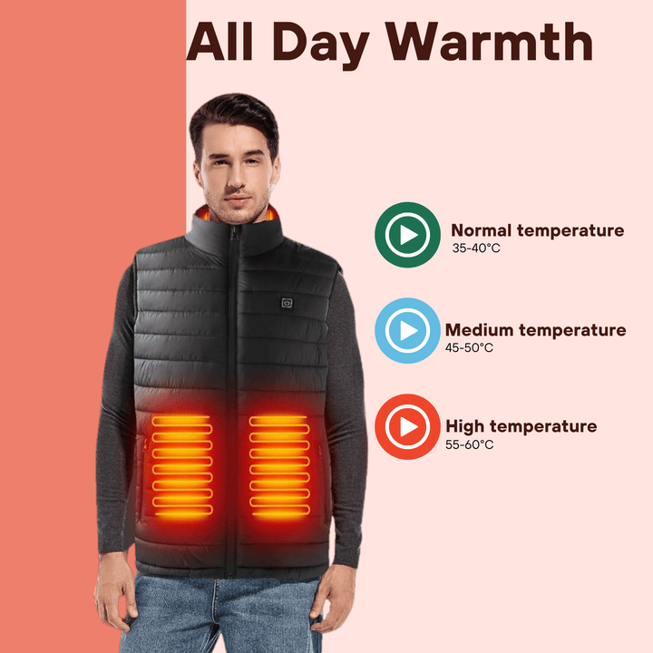 Men's lightweight heated gilet body warmer showcasing sleek design, water-resistant fabric, and instant heating technology.