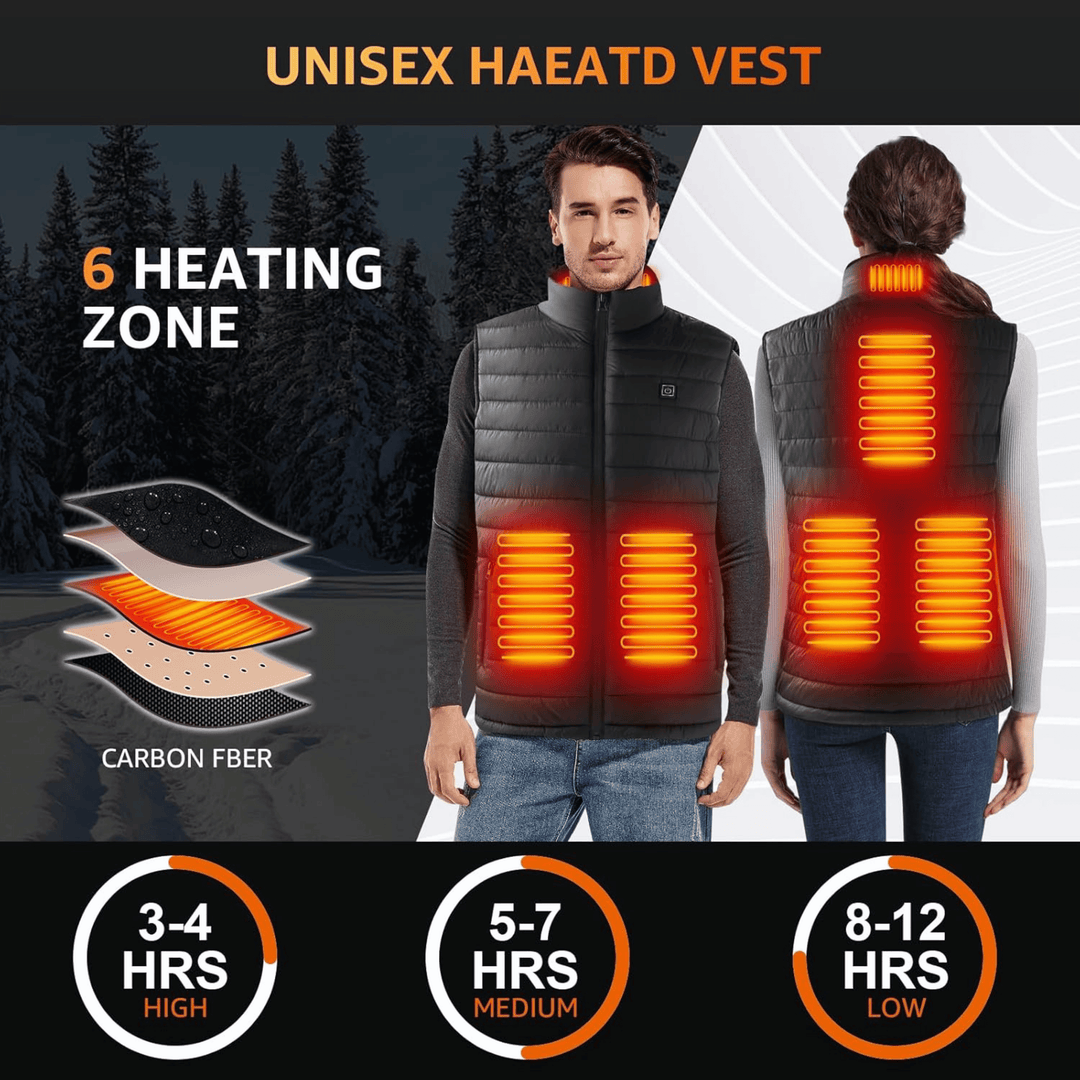 Men's lightweight heated gilet body warmer showcasing sleek design, water-resistant fabric, and instant heating technology.