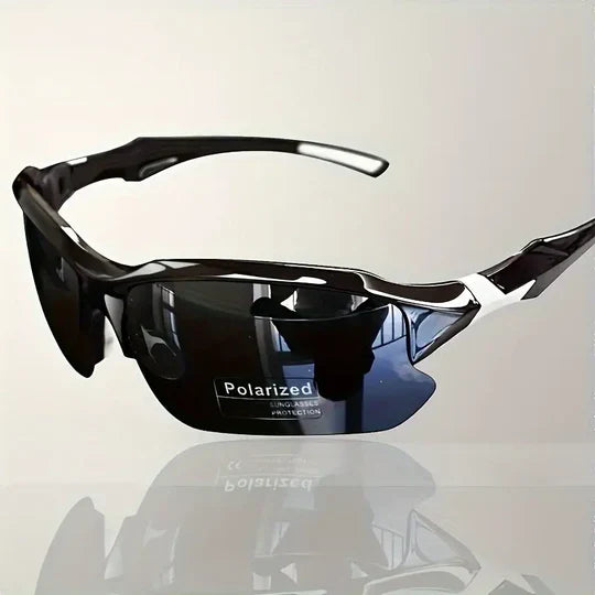 "Men's polarized sports sunglasses with black lightweight frame, ideal for outdoor activities, provide UV400 protection."