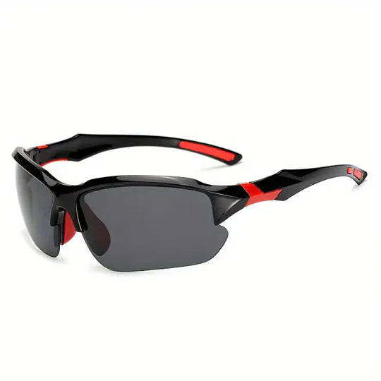 "Men's polarized sports sunglasses with black lightweight frame, ideal for outdoor activities, provide UV400 protection."