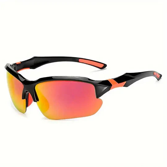 "Men's polarized sports sunglasses with black lightweight frame, ideal for outdoor activities, provide UV400 protection."