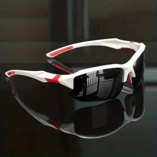 "Men's polarized sports sunglasses with black lightweight frame, ideal for outdoor activities, provide UV400 protection."