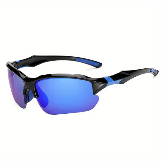 "Men's polarized sports sunglasses with black lightweight frame, ideal for outdoor activities, provide UV400 protection."