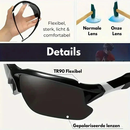 "Men's polarized sports sunglasses with black lightweight frame, ideal for outdoor activities, provide UV400 protection."