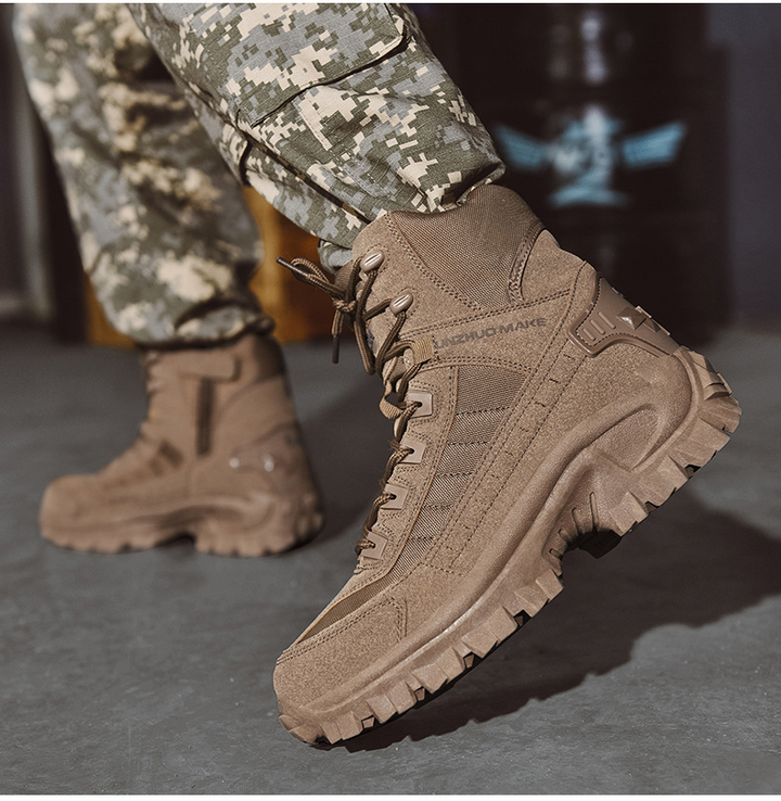 "Men's Qamar Tactical Winter Boots, black leather, rugged design, cozy lining, solid grip, perfect for winter wear."