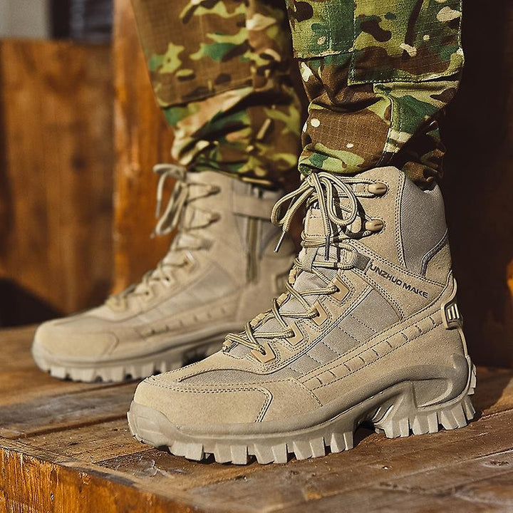 "Men's Qamar Tactical Winter Boots, black leather, rugged design, cozy lining, solid grip, perfect for winter wear."