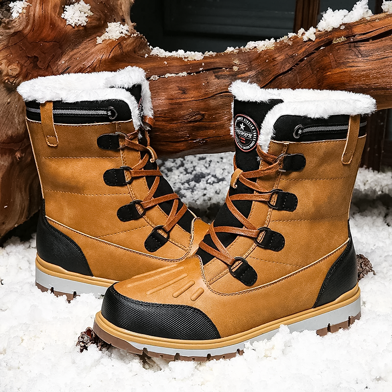 "Men's waterproof brown mid-calf snow boots with orthopedic support, lace-up, insulated for warmth, durable design."