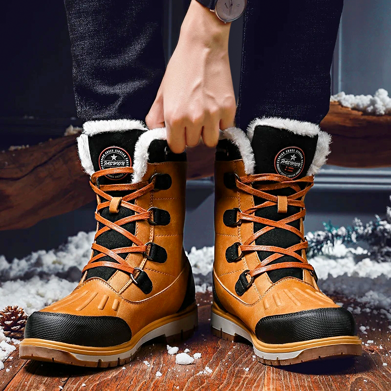 "Men's waterproof brown mid-calf snow boots with orthopedic support, lace-up, insulated for warmth, durable design."