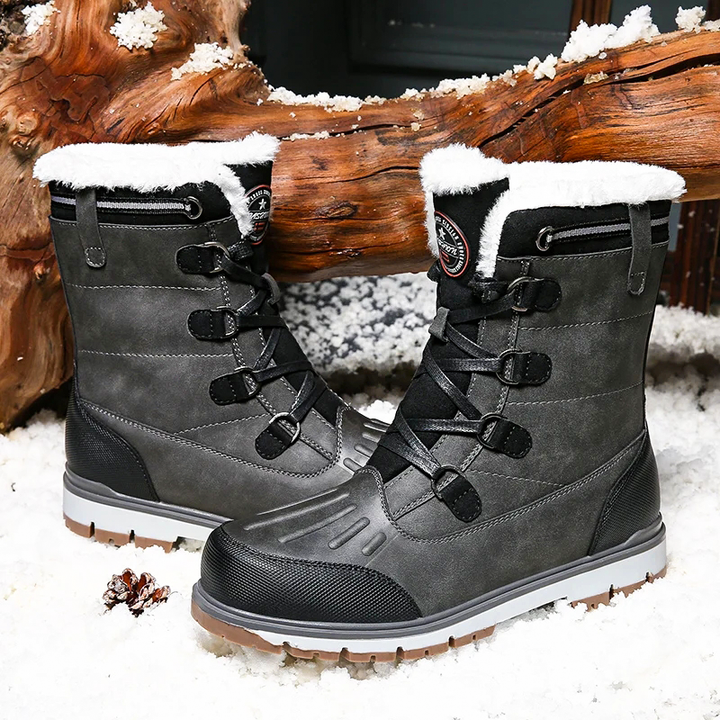 "Men's waterproof brown mid-calf snow boots with orthopedic support, lace-up, insulated for warmth, durable design."